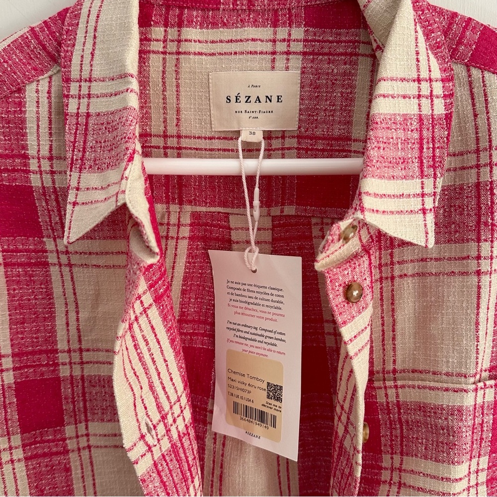 Sezane Tomboy Button-Up Shirt Plaid Pink White Maxi Check Sz 6 NWT Linen Blend - Picture 5 of 11